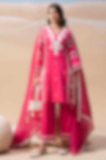 Peony Pink Satin & Cotton Resham Embroidered Kurta Set by Seeaash at Pernia's Pop Up Shop